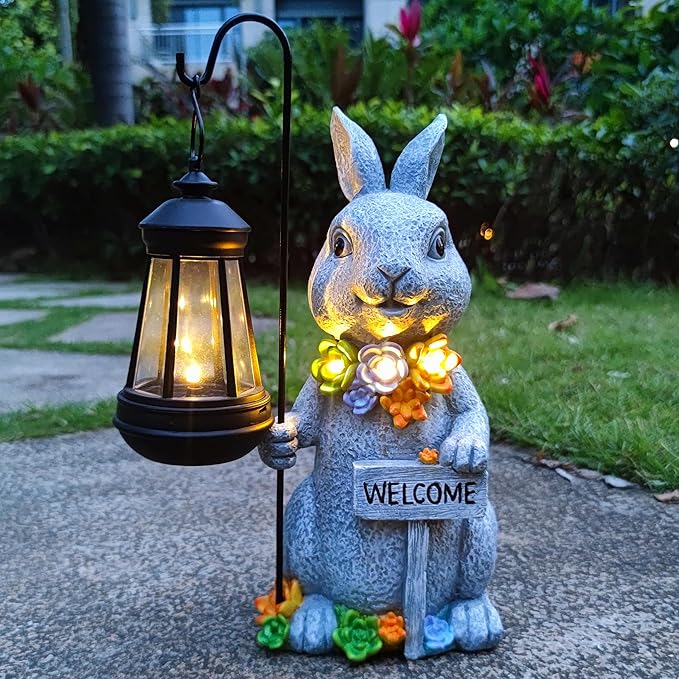 Rabbit Solar Lights Lantern Garden Statues with Succulent and 4 LED Lights - Outdoor Bunny Welcome Figurines Decorations for Patio Yard Lawn Ornaments Gifts for Birthday Easter Housewarming-Ruum Studio Home