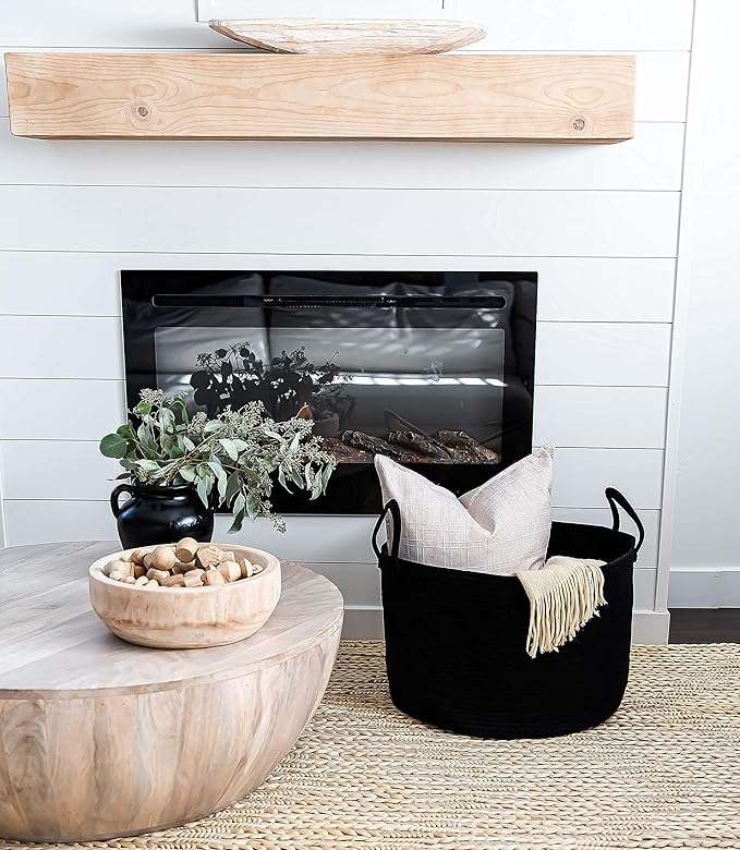 OrganiHaus Large Laundry Basket, Woven Cotton Rope Basket for Blankets, Toy Storage, Nursery Hamper, Living Room Decor Organizer, Soft & Durable Hamper with Handles, 20x13 inches - Black-Ruum Studio Home