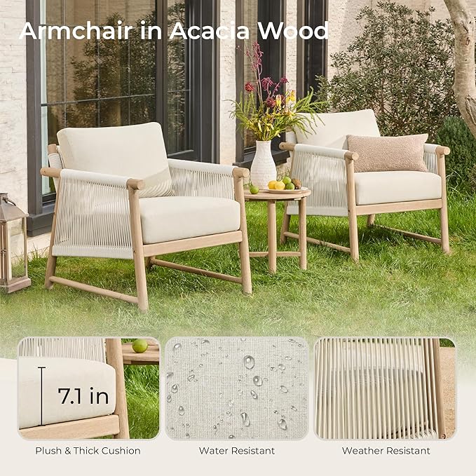 CHITA 3 Pieces Boho Patio Rattan Bistro Set, Outdoor Wicker Chairs & Side Table Set with Acacia Wood Frame(Cream)-Ruum Studio Home