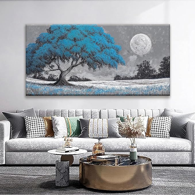 TAIJXAGSG Wall Art Blue Tree Moon Picture Canvas Art Wall Decor Artwork Abstract Canvas Print Painting Nature For Living Room Bedroom Bathroom Office Home Wall Decor 29"X 58"Can Be Hung Directly-Ruum Studio Home