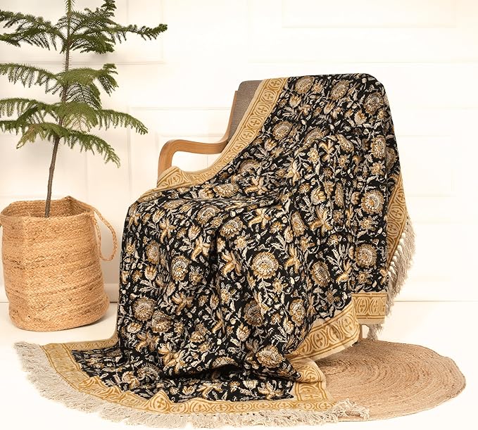 Bohemian Floral Cotton Throw Blanket with Tassels | 48x70 Inch Handblock Printed Sofa Throw | Black & Gold Decorative Bed Cover | Lightweight Couch Throw for Living Room & Bedroom-Ruum Studio Home