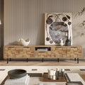 Modern TV Stand for TVs up to 85", Mid-Century Media Console with Checkered Cabinet Doors, Storage Drawers & Open Shelves, Wood Entertainment Center with Metal Legs-Ruum Studio Home