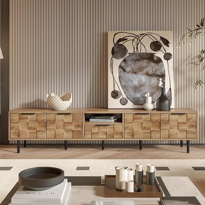 Modern TV Stand for TVs up to 85", Mid-Century Media Console with Checkered Cabinet Doors, Storage Drawers & Open Shelves, Wood Entertainment Center with Metal Legs-Ruum Studio Home