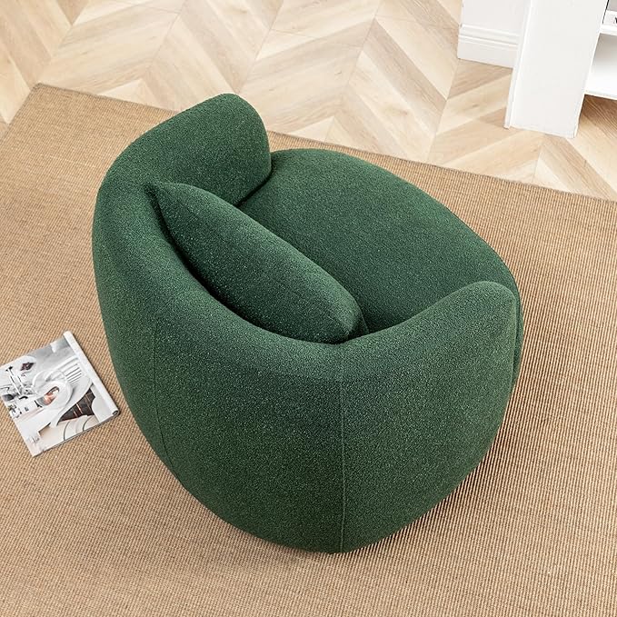 KINWELL 34" Wide Boucle Swivel Barrel Chair, No Assembly Round Upholstered Armchair Accent Chair Single Sofa Chair with Toss Pillow for Living Room and Bedroom, Green-Ruum Studio Home