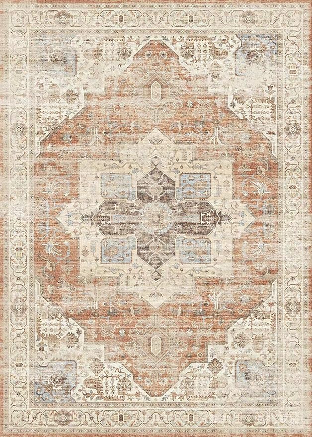 5'x7' Area Rug - Vintage Persian Medallion Design Low-Pile Faux Wool Rug, Non-Slip Backing, Machine Washable, for Living Room, Dining Room, Bedroom (Brick Red)-Ruum Studio Home