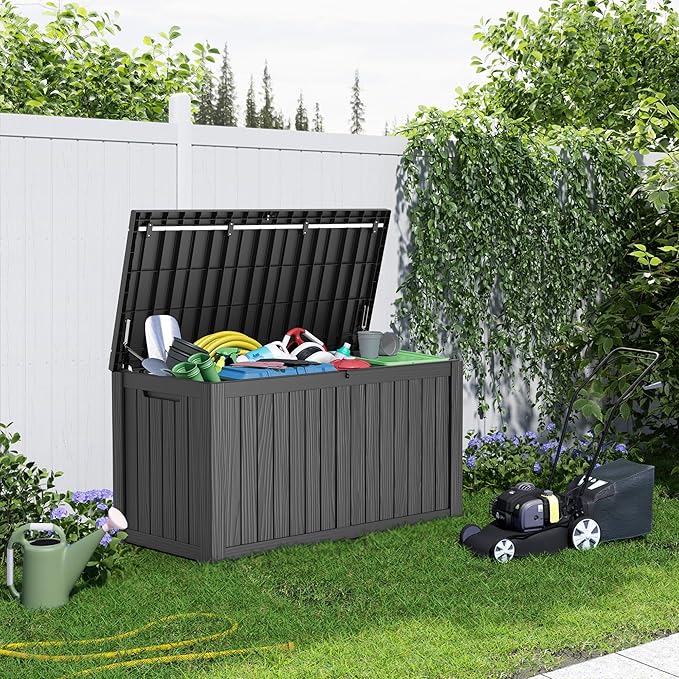 150 Gallon Resin Deck Box, Lockable Patio Outdoor Storage Box for Furniture, Garden Tools and Tools Storage, Waterproof Outside Storage Boxes - Black-Ruum Studio Home
