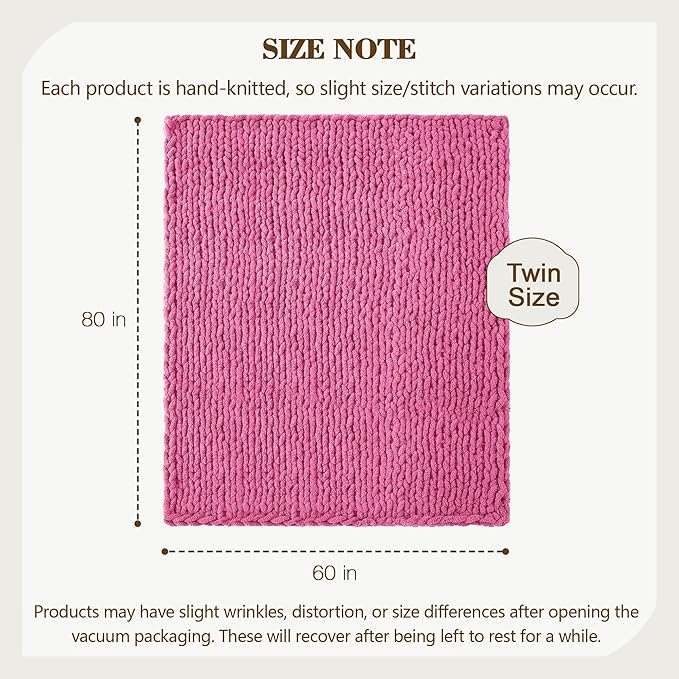 Carriediosa Chunky Knit Throw Blanket 60" X 80" Twin, 100% Hand Made Large Chenille Loop Yarn Soft Fluffy Throws for Couch Sofa Bed, Big Crochet Cozy Heavy Thick Cable Woven Blankets, Hot Pink-Ruum Studio Home