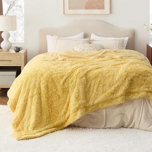 Bedsure GentleSoft Fluffy Yellow Blankets Queen Size for Bed, Thick Sherpa Faux Fur Fleece Fuzzy Plush Winter Warm Heavy Soft Full Queen Blankets, Bedroom Decor Yellow Cozy Gifts for Women Men, 90x90-Ruum Studio Home
