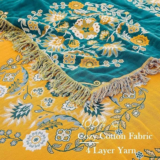 Boho Throw Blanket, 100% Cotton Ultra Soft Luxury Throw Rustic Quilt, Floral Printed Farmhouse Decor Bed Summer Blankets, All Season Rustic Reversible Bohemian Throw for Bed (60"x80" Yellow-Ruum Studio Home