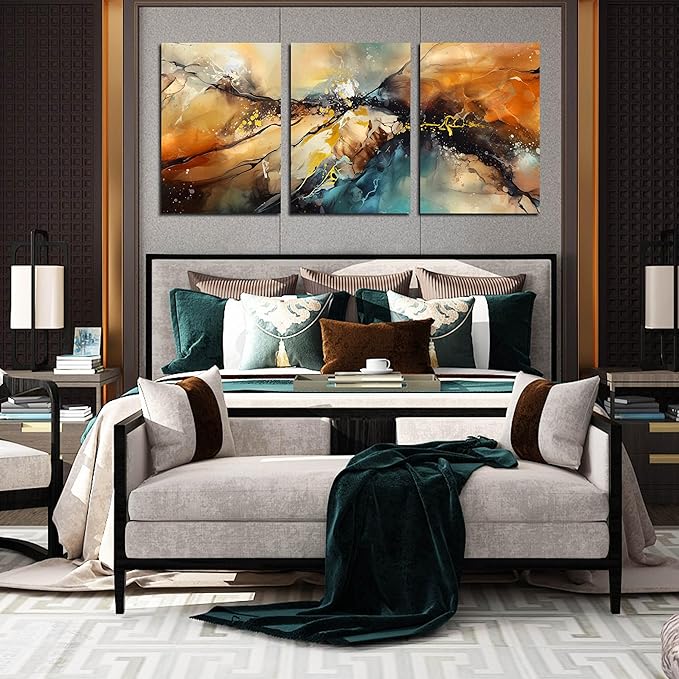 Abstract Living Room Pictures Wall Decor - Modern Bedroom Wall Decor Above Bed - Large 3 Piece Canvas Wall Art for Office Size 24" x 36"-Ruum Studio Home