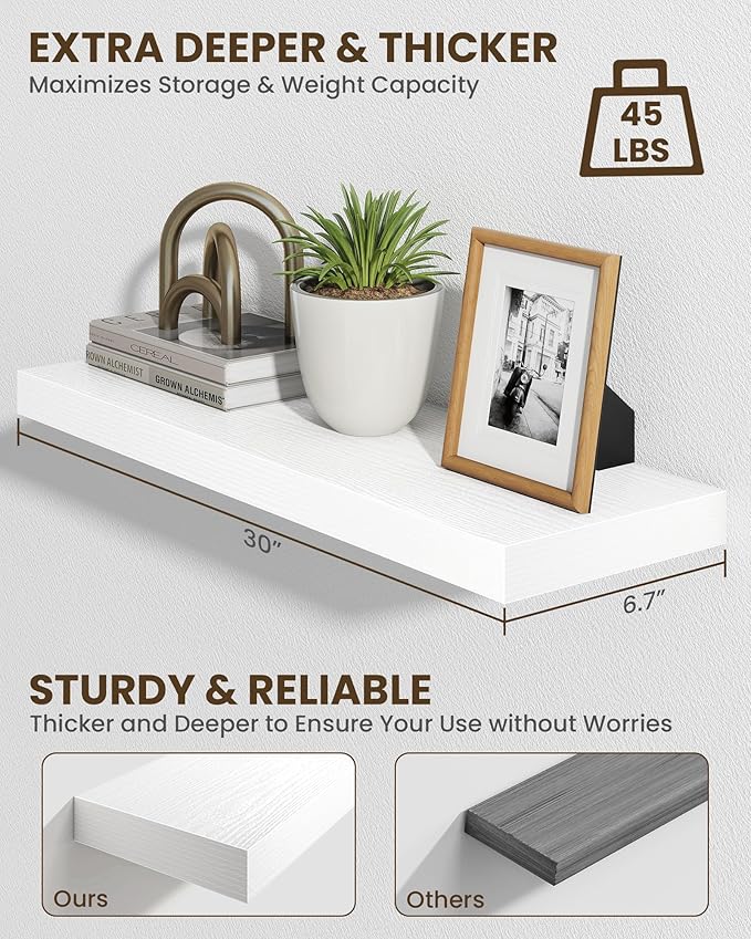 Marsmiles 30" Floating Shelves for Wall, Wooden Shelves with Invisible Brackets Set of 2, Rustic Farmhouse Wall Mounted Shelf for Kitchen Bathroom Living Room Study, White-Ruum Studio Home