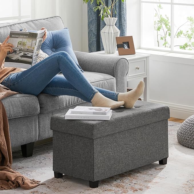 SONGMICS Storage Ottoman Bench, Foldable Foot Rest with Legs, 15 x 30 x 15.2 Inches, End of Bed Bench, Storage Chest, Load up to 660 lb, for Living Room, Bedroom, Entryway, Slate Gray ULSF16GYZ-Ruum Studio Home
