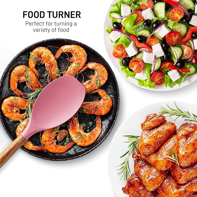 Zulay Kitchen Non-Stick Cooking Utensils Set with Authentic Acacia Wood Handles – 5-Piece Durable & Stylish Silicone Kitchen Utensils Set – Heat Resistant to 464°F – Pink-Ruum Studio Home