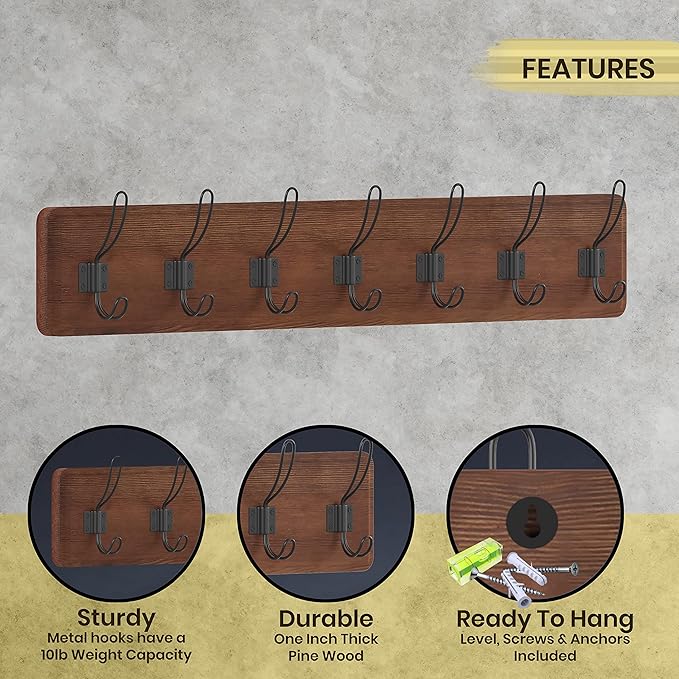 HBCY Creations Rustic Brown Solid Wood Wall Mounted Coat Rack with Shelf, 7 Hooks, 34" Long - Kitchen, Mudroom, Entryway, Bathroom - Includes Mounting Hardware, Coat Hanger, Dog Leash Hooks-Ruum Studio Home