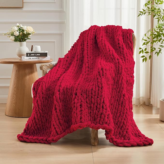 Carriediosa Chunky Knit Throw Blanket 50" X 60", 100% Hand Made Large Chenille Loop Yarn Soft Fluffy Throws for Couch Sofa Bed, Big Crochet Cozy Heavy Thick Cable Woven Blankets, Red-Ruum Studio Home