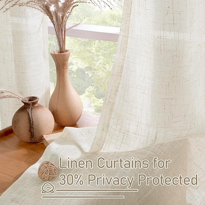 LAMIT 45 Inch Short Window Linen Curtains, Cream Ivory Light Filtering Panels Bronze Grommet Neutral Drapes for Cafe/Bathroom/Loft Room, Natural, 2 Panels, 34 x 45 Inch-Ruum Studio Home