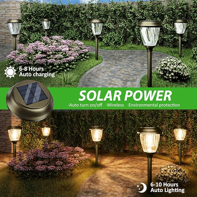 XMCOSY+ Solar Pathway Lights Outdoor, 10/25 LM in 2 Lighting Modes, Glass Stainless Steel Waterproof Outside Solar Powered Garden LED Lights for Yard Lawn Driveway Walkway Landscape Decor(Warm White)-Ruum Studio Home