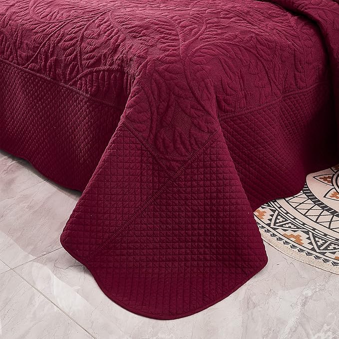 MarCielo 3-Piece 100% Cotton Oversized Bedspread Lightweight Quilt Coverlet Embroidery Farmhouse Bedding Set T0 (Wine Burgundy, Oversized Queen (100"x106"))-Ruum Studio Home