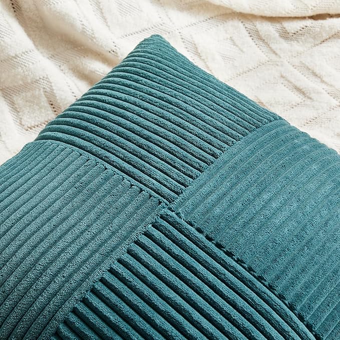 Fancy Homi 2 Packs Teal Decorative Throw Pillow Covers 22x22 Inch for Living Room Couch Bed Sofa, Rustic Farmhouse Boho Home Decor, Soft Corss Corduroy Patchwork Accent Square Cushion Case 55x55 cm-Ruum Studio Home