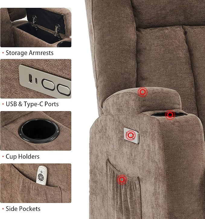 Power Lift Recliner Chair for Elderly with Massage and Heat, Reclining Sofa Chair with USB & Type-C Ports and Cup Holders, L1188(Brown)-Ruum Studio Home