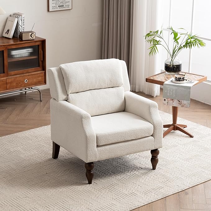 Kidol & Shellder White Oversized Accent Chair for Living Room Mid Century Modern Reading Chair with Back Wide Upholstered Comfy Single Sofa Chair for Bedroom Lounge Side Corner Chair Fabric Armchair-Ruum Studio Home