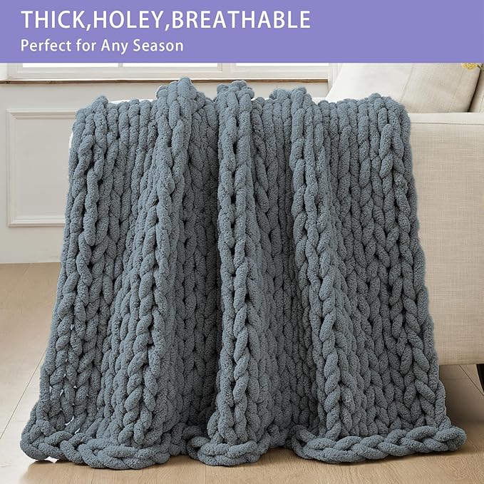 Bigacogo Chunky Knit Throw Blanket for Couch, 40x40 inches, 100% Hand Knitted with Thick Jumbo Chenille Yarn, Cozy Soft Large Rope Knot Cable Crochet Blankets for Sofa Bed Living Room, Iron Gray-Ruum Studio Home