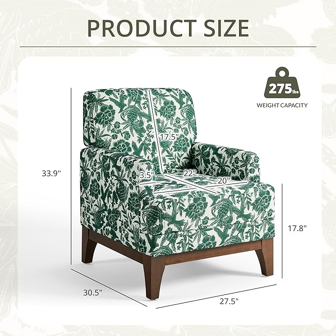 Floral Accent Armchair, Retro Wingback Upholstered Armchair with Wide Dipped Back Design and Wooden Legs, High Back Armchair, Leisure Single Sofa Chair for Living Room, Bedroom, Balcony, Green-Ruum Studio Home