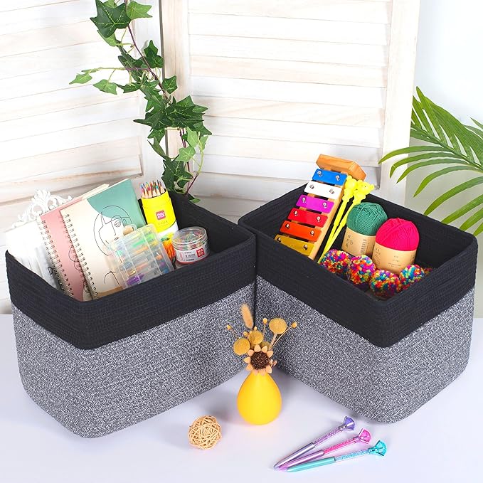 MINTWOOD Design 3-Pack Storage Baskets for Shelves, Playroom and Classroom Storage Basket, Book Basket, Decorative Storage Cube Bins, Woven Closet Organizers, Pantry and Shoe Organizer, Black Grey Mix-Ruum Studio Home