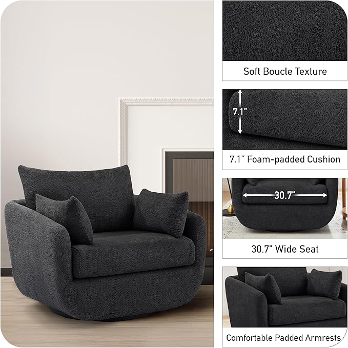 360° Swivel Accent Armchair, 39.3" Oversized, Sherpa Boucle Fabric Sofa Chair with Removable Back & Arm Pillows, Swivel Chair with Cozy Soft Padded, No Assembly Required (1, Dark Gray)-Ruum Studio Home