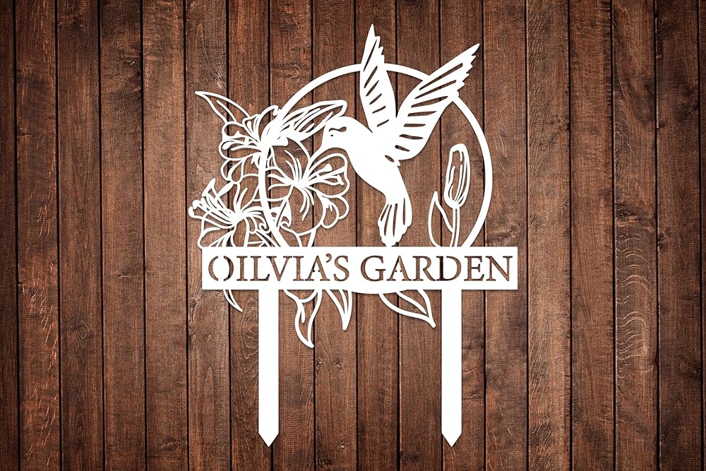Custom Hummingbird Metal Garden Decor, Personalized Bird with Stakes Garden Sign, Flower Design Personalized Garden Sign, Custom Garden Name Sign, Home Gift, Large Outdoor Decor, Patio Decor-Ruum Studio Home