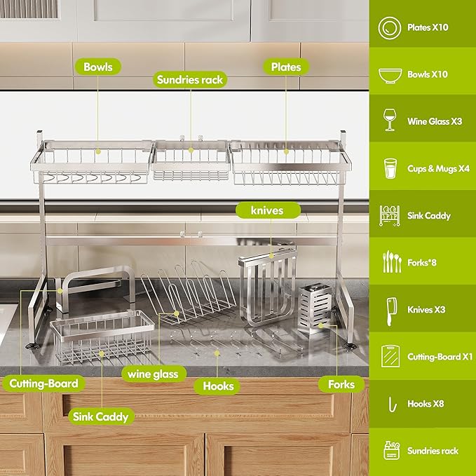 2 Tier Extra Large Stainless Steel Expandable Over The Sink Dish Drainer Drying Rack, Rust Proof Metal, Space Saving, Modern Silver Big Capacity Extendable Plate Strainers Above Kitchen Counter-Ruum Studio Home