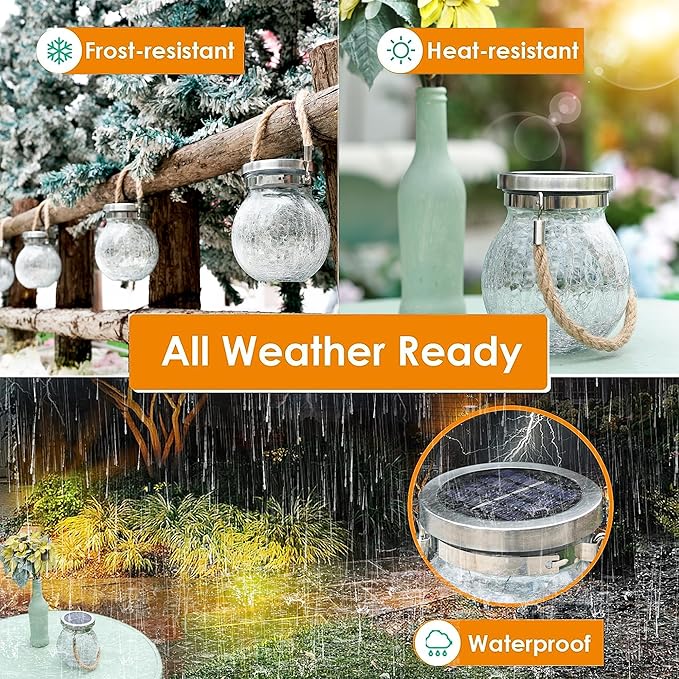 Cooo 6 Pack Heavy Crackle Glass Solar Lantern with 30 LED Firefly Lights– Waterproof Outdoor Hanging Lamp 215% Larger Solar Panel, Stainless Steel Lid Decorative Lighting for Garden Patio Table-Ruum Studio Home