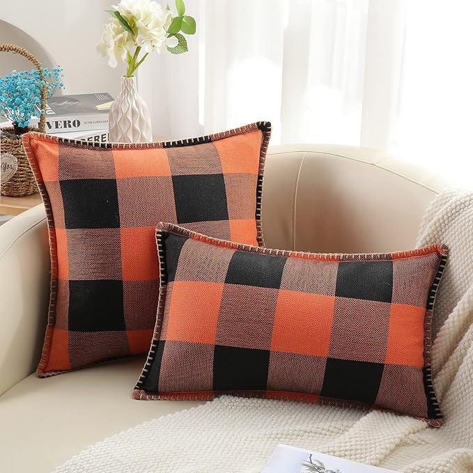 decorUhome Fall Orange and Black Decorative Throw Pillow Covers 22x22 Set of 2, Buffalo Plaid Check Farmhouse Cushion Covers with Stitched Edge for Autumn Harvest Couch Sofa Bed Home Decor-Ruum Studio Home