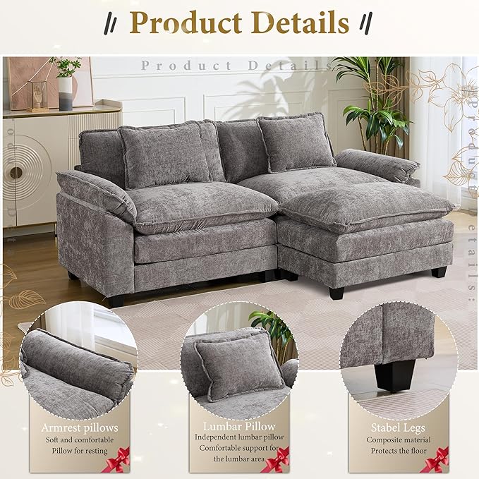 URRED Modular Sectional Sofa Comfy Cloud Couch, Modern Chenille Sofa Sleeper Deep Seat Couches with Ottoman/Pillows for Living Room (Gray, 82.6''- L Shape)-Ruum Studio Home