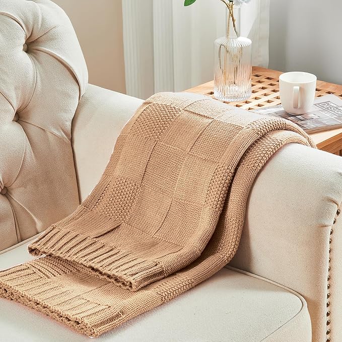CozeCube Check Knit Throw Blanket, Beige Checkered Throw for Couch, Decorative Christmas Soft Cozy Warm Knitted Blanket for Bed Sofa Living Room, 60"X80"-Ruum Studio Home