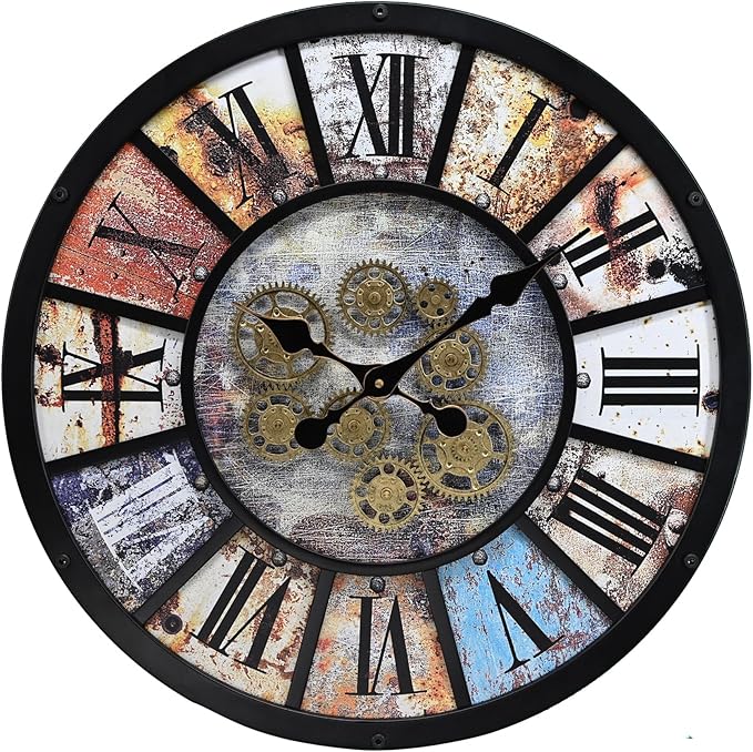 Unique Moving Gear Extra Large Wall Clock 21"-Battery Powered. Retro Industrial Steampunk Country Farmhouse Decor for Living Room, Kitchen,Bars, Restaurants, cafes, Offices(Black- 21")-Ruum Studio Home