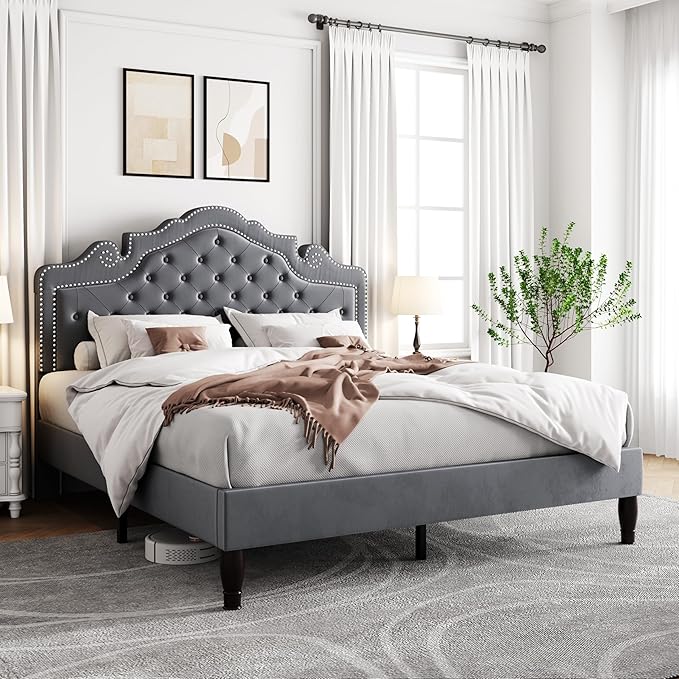 Allewie Full Size Bed Frame with Adjustable Velvet Tiara Headboard, Upholstered Diamond Button Tufted Platform Bed, Wood Slats Support, No Box Spring Needed, Light Grey-Ruum Studio Home
