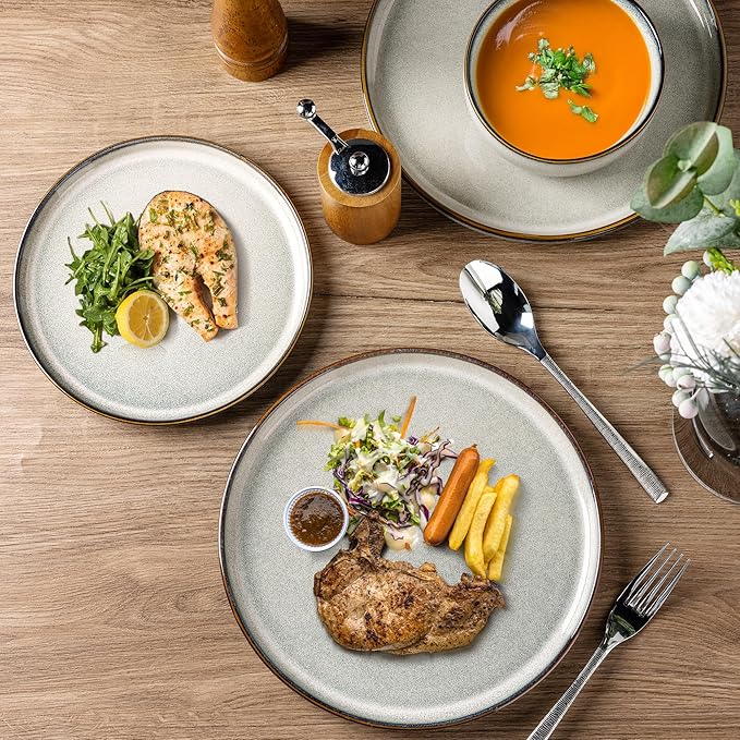 GBHOME Ceramic Dinnerware Sets for 4, 12 Pieces Stoneware Plates and Bowls Sets, Reactive Glaze Dishes -Scratch Resistant, Dishwasher&Microwave Safe, Green Wheat-Ruum Studio Home