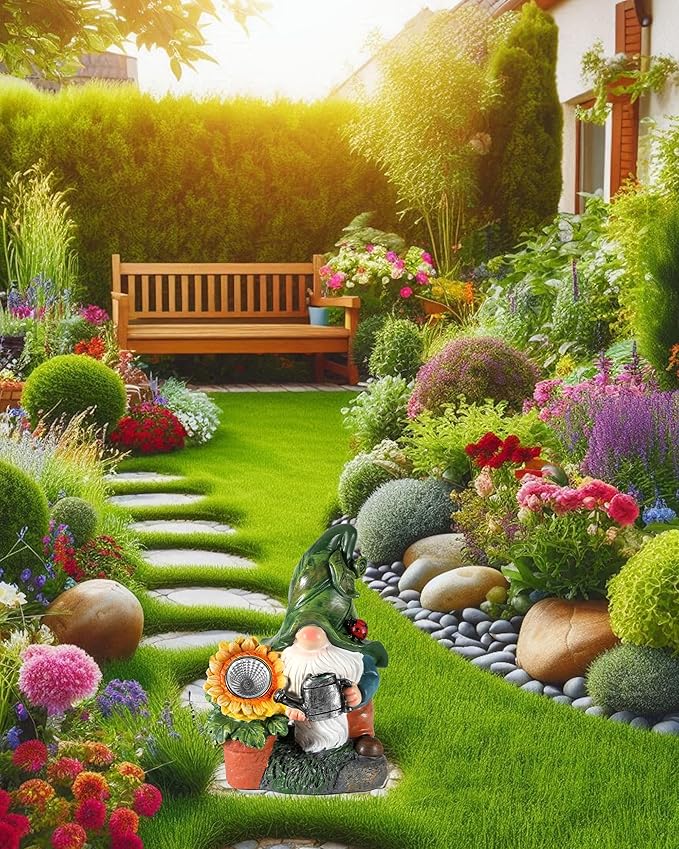 Solar-Powered Large Garden Gnome Watering Can Sunflower - 12 in Garden Decor Gnomes Decorations for Yard Lawn Ornaments Outside Statue Figurine LED Lights (Gnome)-Ruum Studio Home