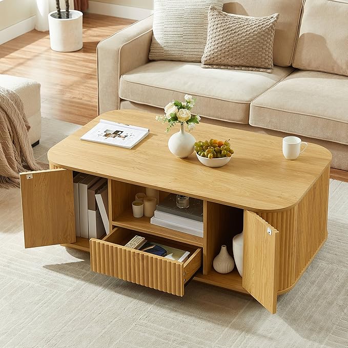46.5" Oval Coffee Table with Drawers and Storage Mid Century Modern Fluted Solid Wood Side Coffee Tables, Luxury Tea Table Center Table for Living Rooms Offices Apartmen, Natural-Ruum Studio Home