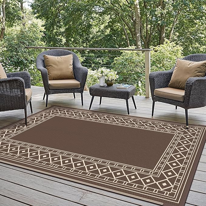 GENIMO Outdoor Rug Waterproof for Patio Decor, 3'x5' Foldable Reversible Plastic Straw Carpet for Porch, Outside Area Mat for Entryway, Rv, Deck, Picnic, Camper, Balcony, Beach, Coffee & Beige-Ruum Studio Home