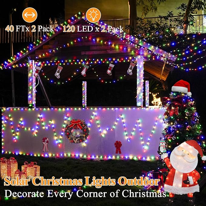 2 Pack Solar String Lights Total 240LED 80FT, IP67 Waterproof Solar Lights for Outside with 8 Modes, Upgraded Solar Panel Fairy Lights for Garden Party Wedding Decorations (Multicolor) …-Ruum Studio Home