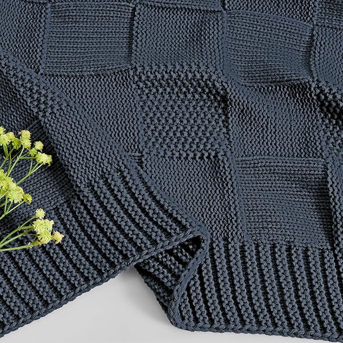 CozeCube Check Knit Throw Blanket, Midnight Navy Checkered Throw for Couch, Decorative Christmas Soft Cozy Warm Knitted Blanket for Bed Sofa Living Room, 50"X60"-Ruum Studio Home