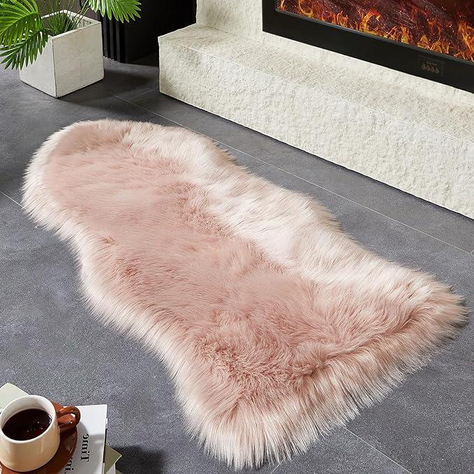 AMTOVO Faux Fur Rug, Pink Area Rug, Fluffy Sheepskin Rug, Fuzzy Ultra Soft 2 x 4 ft Shag Rugs for Bedroom Sofa Throw Cushion Room Decor, Sheepskin-Ruum Studio Home