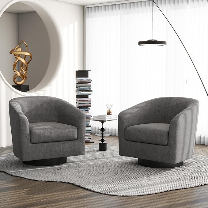 Swivel Barrel Accent Chair, Modern Round Linen Arm Chair for Living Room, Bedroom, Comfy Club Reading Chairs for Adults（Linen Fabric, Grey, Set of 2-Ruum Studio Home