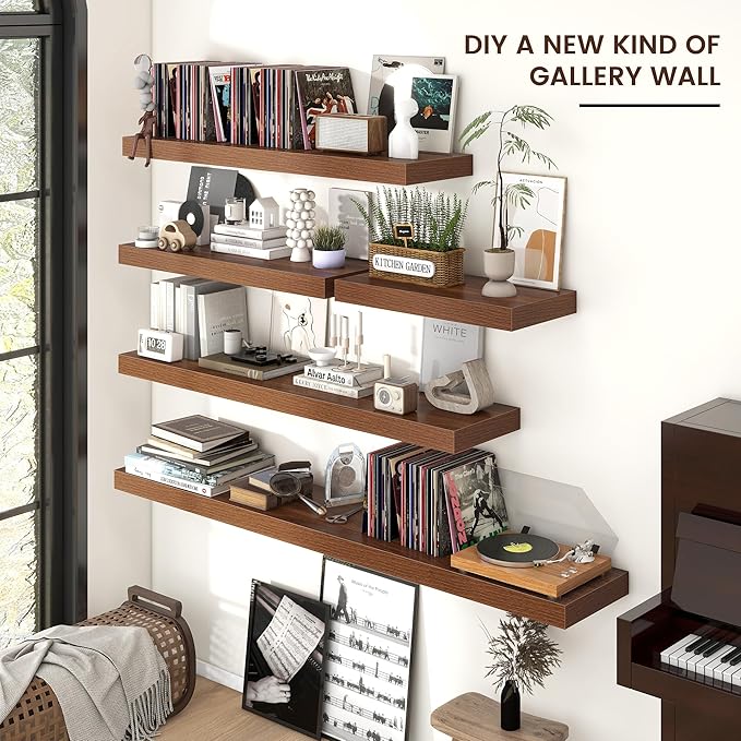 Floating Shelves - 2 Large Wall Mounted Shelves with Invisible Brackets, Long Walnut Wood Floating Wall Shelf for Living Room, Bedroom, Kitchen (48" W x 9" D x 1.5" H)-Ruum Studio Home
