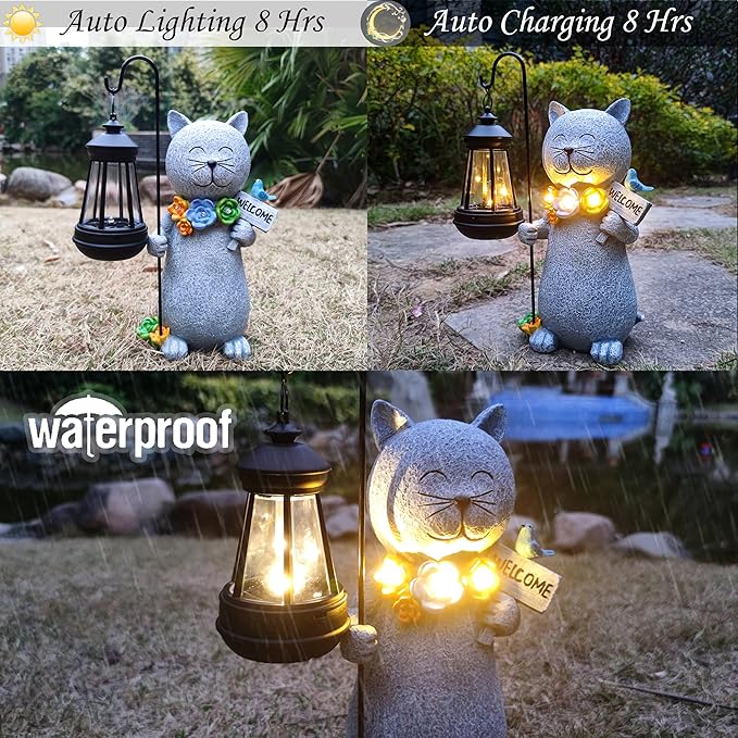 Solar Cat Garden Statues Outdoor Décor with Lantern- Cat Figurines Solar LED Light Lawn Ornaments - Yard Decorations for Patio, Balcony, Backyard -Unique House Warming Gifts for Mom-Ruum Studio Home