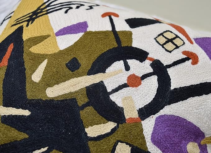 Kandinsky Abstract Pillow Cover - White Modern Throw Pillowcase Cream Chair Cushion Contemporary Farmhouse Pillows Modern Couch Handmade Wool Size 18x18-Ruum Studio Home