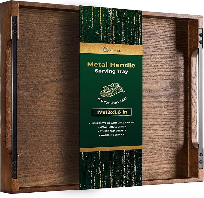 Axeman Wooden Serving Tray with Metal Handles|Ottoman Tray for Breakfast, Bed, Couch|17x13in Ash Wood Coffee Table Trays|Food Drinks Decorative Storage Boards for Ottoman Kitchen, Walnut-Ruum Studio Home