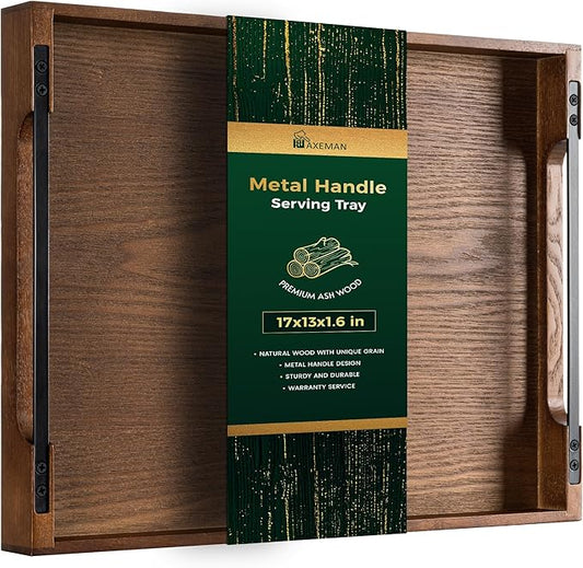Axeman Wooden Serving Tray with Metal Handles|Ottoman Tray for Breakfast, Bed, Couch|17x13in Ash Wood Coffee Table Trays|Food Drinks Decorative Storage Boards for Ottoman Kitchen, Walnut-Ruum Studio Home